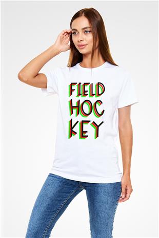 Çim Hokeyi Baskılı Unisex Beyaz Tişört - Tshirt