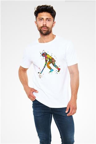 Çim Hokeyi Baskılı Unisex Beyaz Tişört - Tshirt