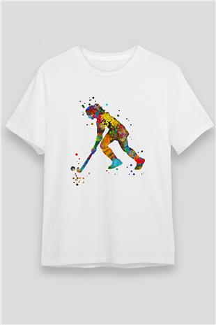 Çim Hokeyi Baskılı Unisex Beyaz Tişört - Tshirt