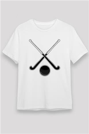 Çim Hokeyi Baskılı Unisex Beyaz Tişört - Tshirt