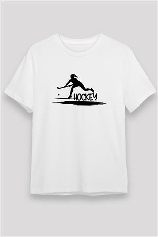 Çim Hokeyi Baskılı Unisex Beyaz Tişört - Tshirt