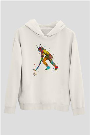 Çim Hokeyi Baskılı Unisex Ekru Hoodie