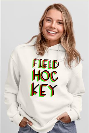 Çim Hokeyi Baskılı Unisex Ekru Hoodie