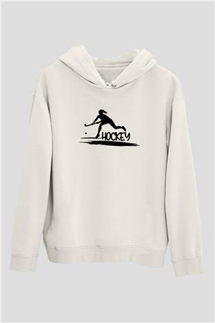Çim Hokeyi Baskılı Unisex Ekru Hoodie