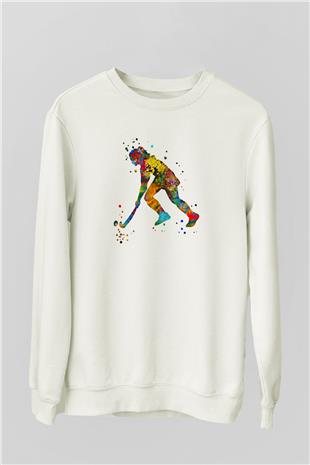 Çim Hokeyi Baskılı Unisex Ekru Sweatshirt