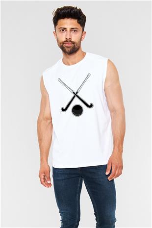 Çim Hokeyi Baskılı Unisex Kolsuz Beyaz Tişört