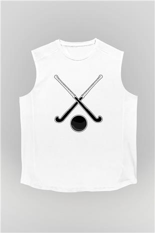 Çim Hokeyi Baskılı Unisex Kolsuz Beyaz Tişört