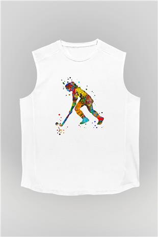 Çim Hokeyi Baskılı Unisex Kolsuz Beyaz Tişört