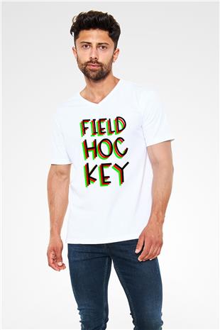 Çim Hokeyi Baskılı Unisex V Yaka Tişört - Tshirt