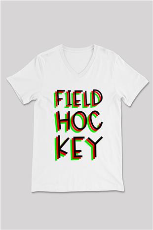Çim Hokeyi Baskılı Unisex V Yaka Tişört - Tshirt