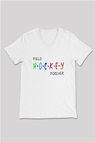 Çim Hokeyi Baskılı Unisex V Yaka Tişört - Tshirt