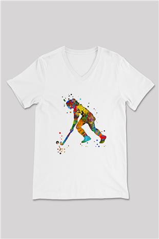 Çim Hokeyi Baskılı Unisex V Yaka Tişört - Tshirt