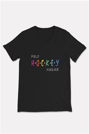 Çim Hokeyi - Field Hockey Baskılı Unisex Siyah V Yaka Tişört
