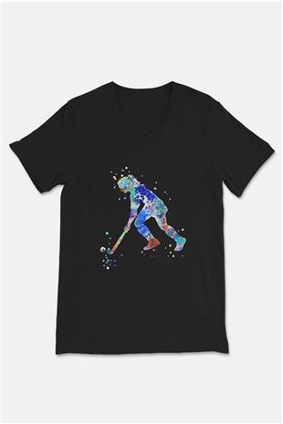 Çim Hokeyi - Field Hockey Baskılı Unisex Siyah V Yaka Tişört