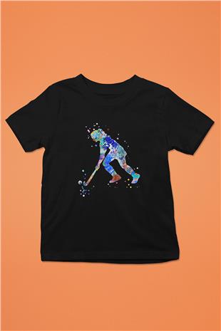 Çim Hokeyi - Field Hockey Baskılı Unisex Siyah Çocuk Tİşörtü - Tshirt