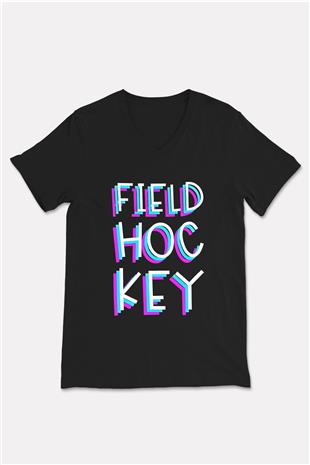 Çim Hokeyi - Field Hockey Baskılı Unisex Siyah V Yaka Tişört