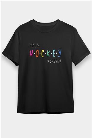 Çim Hokeyi - Field Hockey Baskılı Unisex Siyah Tişört - Tshirt
