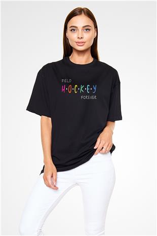Çim Hokeyi - Field Hockey Baskılı Unisex Siyah Oversize Tişört