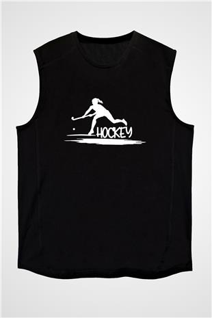 Çim Hokeyi - Field Hockey Baskılı Unisex Siyah Kolsuz Tişört