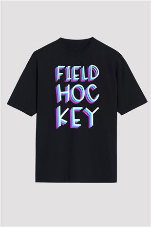 Çim Hokeyi - Field Hockey Baskılı Unisex Siyah Oversize Tişört