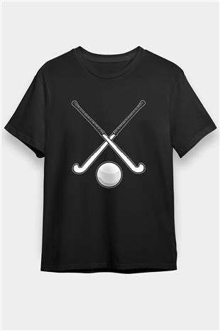 Çim Hokeyi - Field Hockey Baskılı Unisex Siyah Tişört - Tshirt