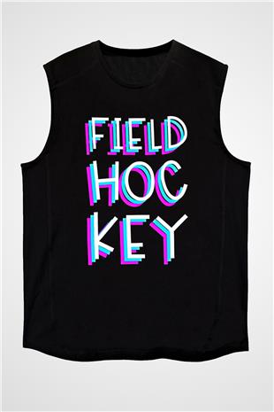 Çim Hokeyi - Field Hockey Baskılı Unisex Siyah Kolsuz Tişört