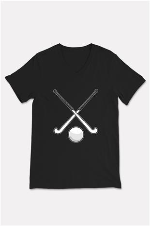 Çim Hokeyi - Field Hockey Baskılı Unisex Siyah V Yaka Tişört