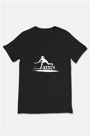 Çim Hokeyi - Field Hockey Baskılı Unisex Siyah V Yaka Tişört