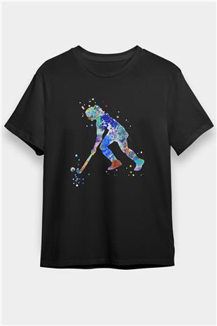 Çim Hokeyi - Field Hockey Baskılı Unisex Siyah Tişört - Tshirt