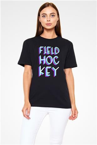 Çim Hokeyi - Field Hockey Baskılı Unisex Siyah Tişört - Tshirt