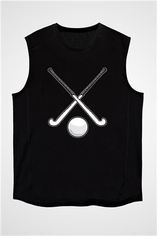 Çim Hokeyi - Field Hockey Baskılı Unisex Siyah Kolsuz Tişört