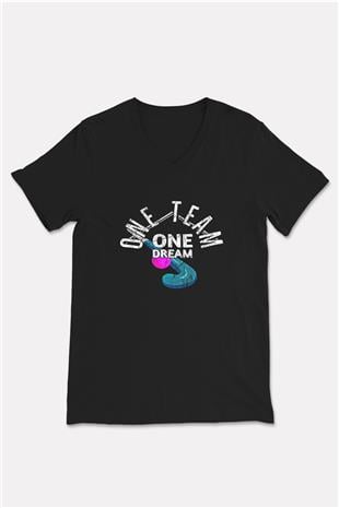 Çim Hokeyi - Field Hockey Baskılı Unisex Siyah V Yaka Tişört