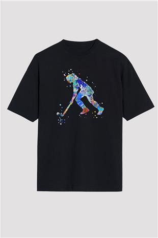 Çim Hokeyi - Field Hockey Baskılı Unisex Siyah Oversize Tişört