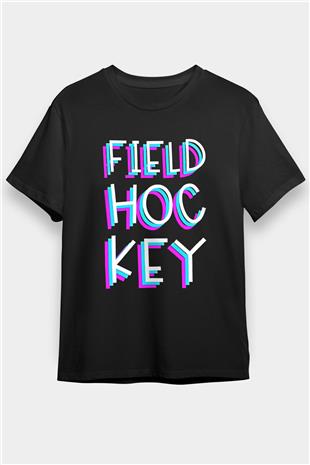 Çim Hokeyi - Field Hockey Baskılı Unisex Siyah Tişört - Tshirt