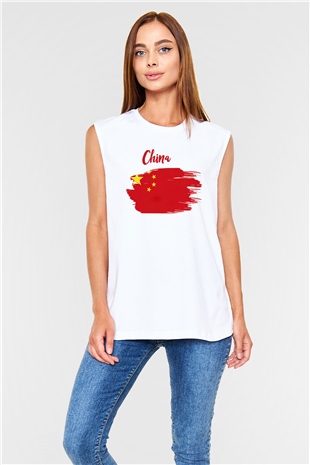 Çin Beyaz Unisex Kolsuz Tişört