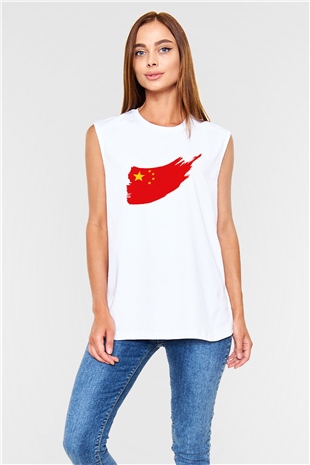 Çin Beyaz Unisex Kolsuz Tişört