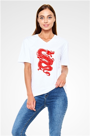 Çin Beyaz Unisex V Yaka Tişört T-Shirt