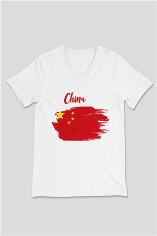 Çin Beyaz Unisex V Yaka Tişört T-Shirt
