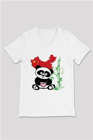 Çin Beyaz Unisex V Yaka Tişört T-Shirt