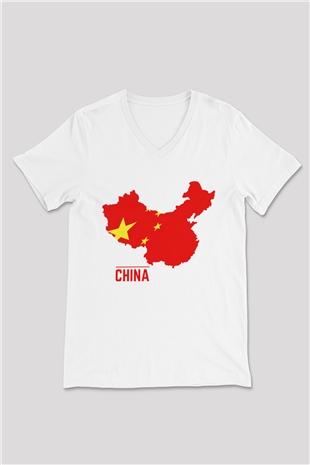 Çin Beyaz Unisex V Yaka Tişört T-Shirt