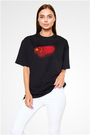 Çin - China Bayrağı Baskılı Unisex Siyah Oversize Tişört