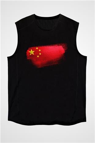 Çin - China Bayrağı Baskılı Unisex Siyah Kolsuz Tişört