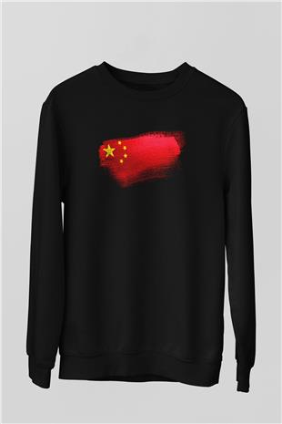 Çin - China Bayrağı Baskılı Unisex Siyah Sweatshirt