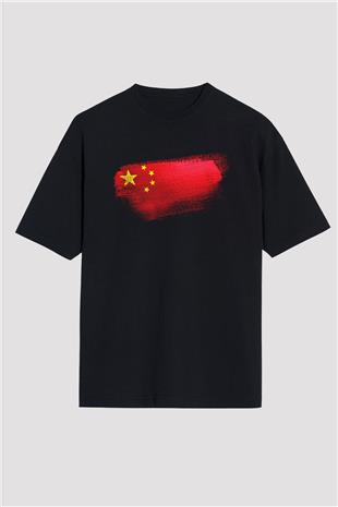 Çin - China Bayrağı Baskılı Unisex Siyah Oversize Tişört