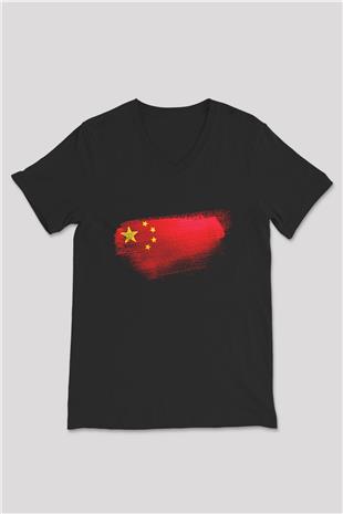 Çin - China Bayrağı Baskılı Unisex Siyah V Yaka Tişört