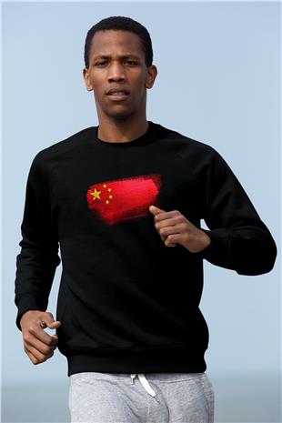 Çin - China Bayrağı Baskılı Unisex Siyah Sweatshirt