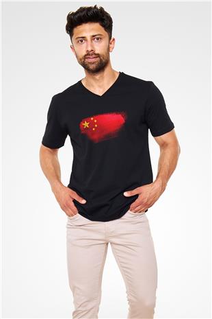 Çin - China Bayrağı Baskılı Unisex Siyah V Yaka Tişört