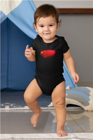 Çin - China Bayrağı Baskılı Unisex Siyah Bebek Body - Zıbın