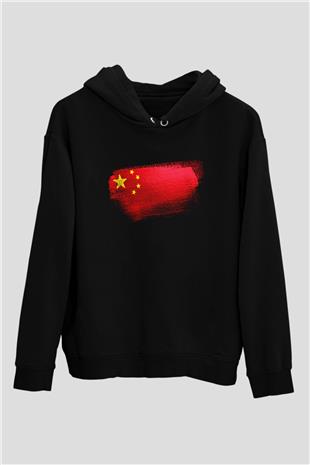 Çin - China Bayrağı Baskılı Unisex Siyah Hoodie