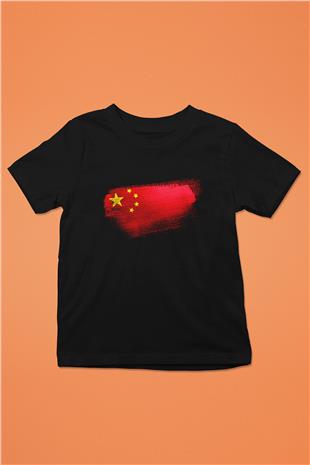 Çin - China Bayrağı Baskılı Unisex Siyah Çocuk Tişörtü